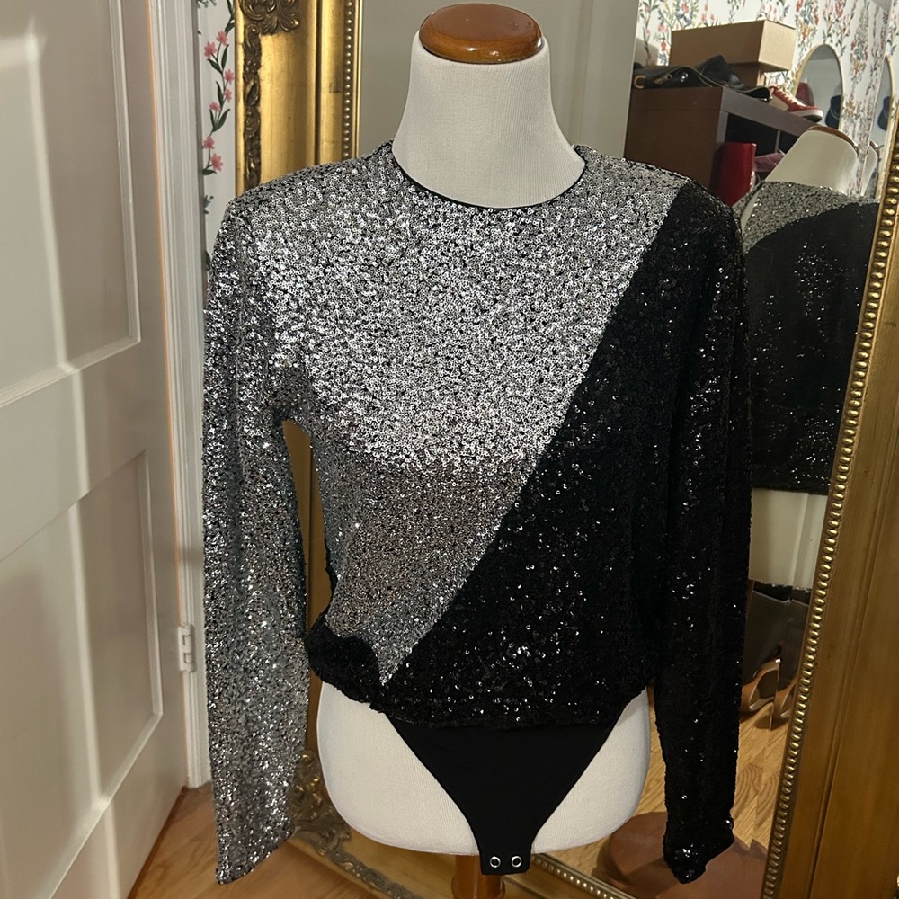 Express Silver and Gray Sequin Asymmetrical Bodysuit